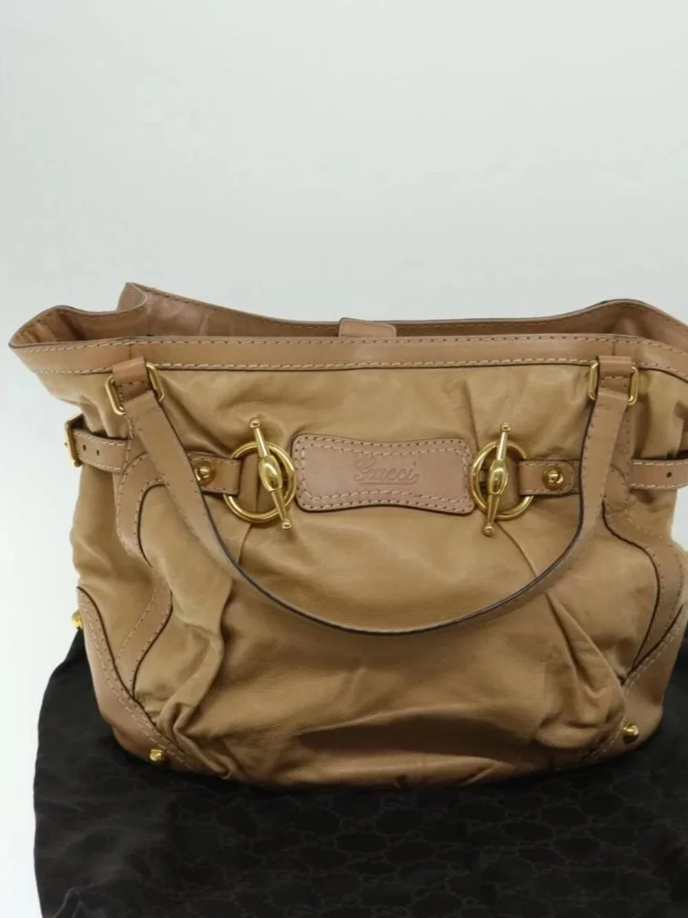 GUCCI Horsebit Shoulder Bag Leather Beige 203546 Auth fm3198